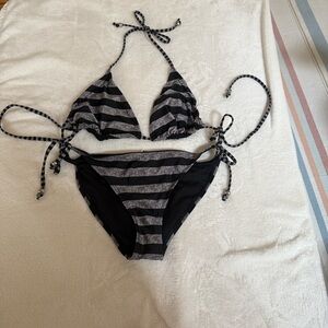 Striped Black and Gray Bikini Set